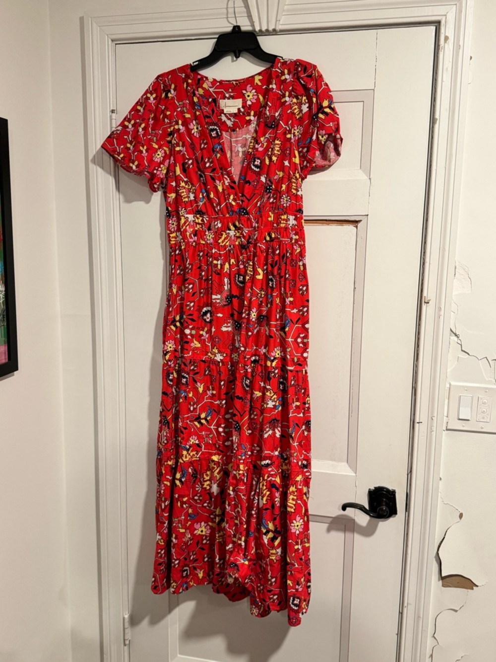 Anthropologie Red Floral V-Neck Maxi Dress